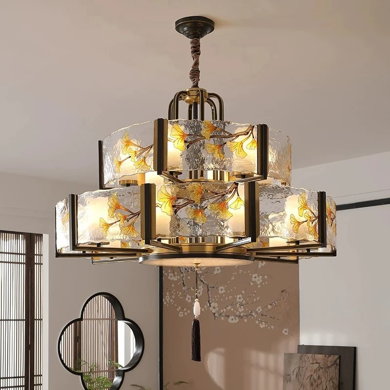 New Chinese enamel living room chandelier, villa all-copper dining room lamp