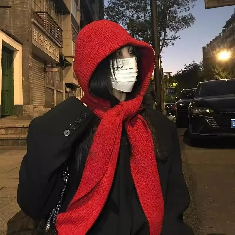 Winter Women Knitted Hooded Scarf Integrated Hat Soft Neck Protection Fashion Accessory Commute Shopping Christmas Gift