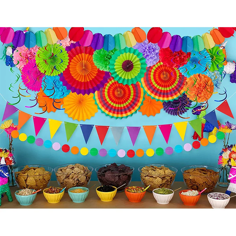 33pcs Colorful Hanging Swirls Paper Fans Tissue Pompoms Paper Balloons Mexican Fiesta Party Taco Decorations Supplies
