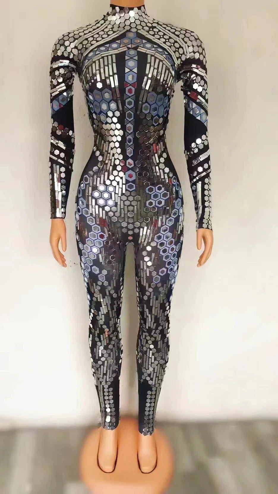 Lantejoulas Espelho Preto Spandex Macacão Mulheres Prom Dançarina Cantor Traje Noite Aniversário Show Bodysuit Cantor Outfit