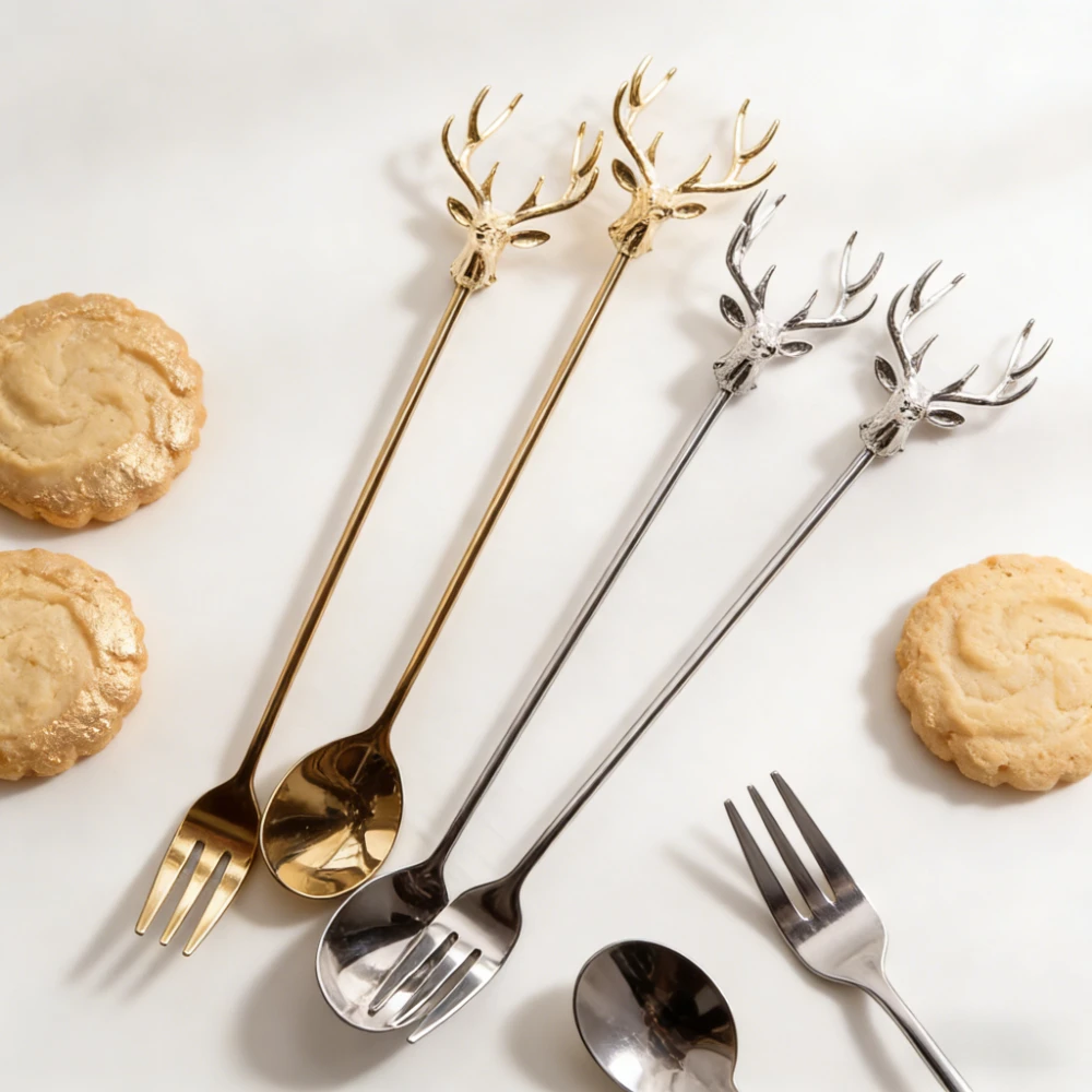 

304 Stainless Steel Deer Antler Milkshake Mixing Spoon Vintage Luxury Long-handled Mixing Spoon Ice Scoop Creative Dessert Fork
