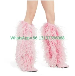 Lady Pointed Toe Yellow Pink Fur Knee Pu Boots Metallic Pu Feather Boots Fur Footwear Rozmiar 35-46 Vintage Fur Party Shoes Boots