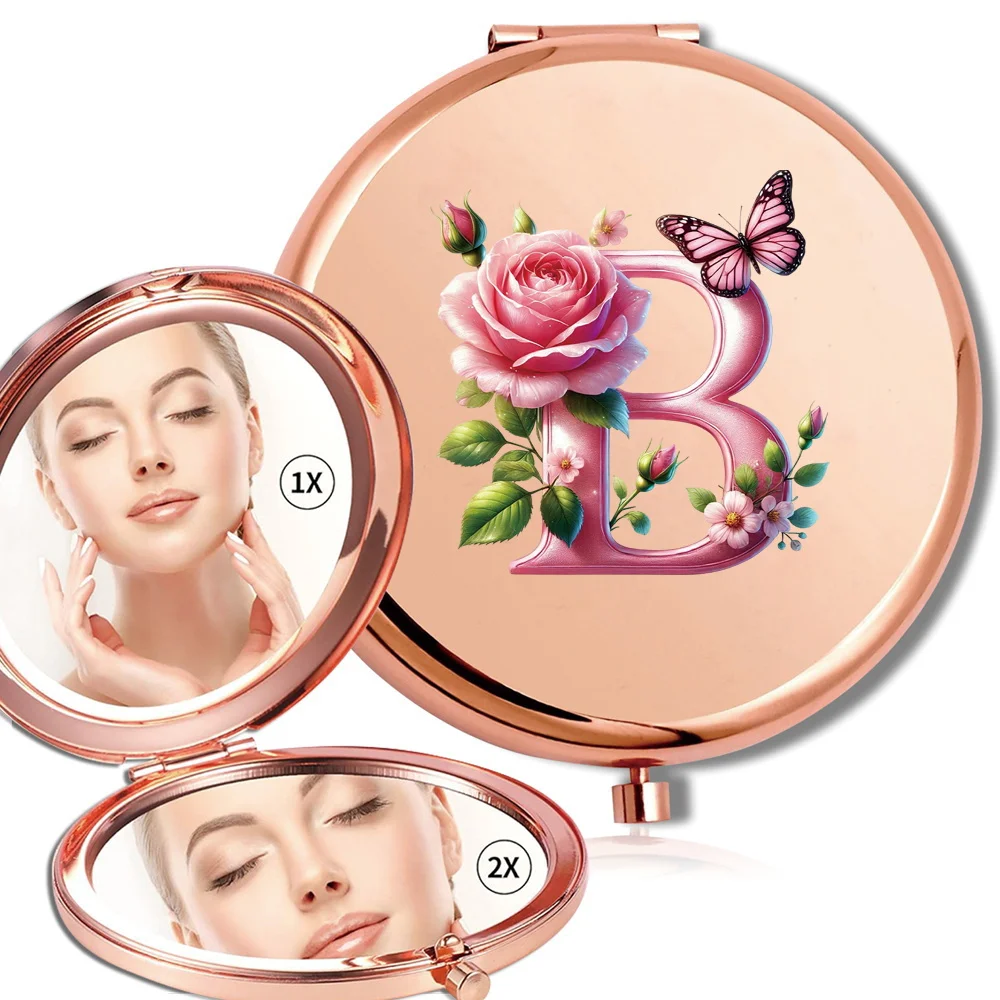 Feminino flip top redondo espelho de maquiagem prático portátil ferramenta beleza dupla face metal bolso espelho rosa borboleta padrão