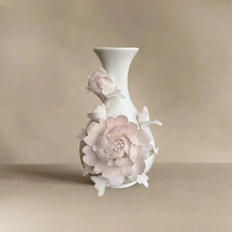 Grade sense intangible cultural heritage handmade pinched flower pink peony ceramic vase gift gift housewarming gift