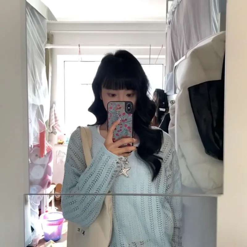 

Blue Hollow Out Women Knit Pullovers Long Sleeve Korean Fashion Knitwear Loose Solid Color Casual Sunscreen Summer