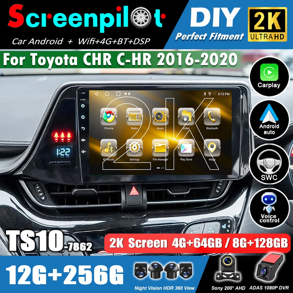 Android 16 Auto For Toyota CHR C-HR 2016-2020 Wireless Carplay Car Radio Multimedia WiFi Player Screen 2K QLED 8 Core Bluetooth