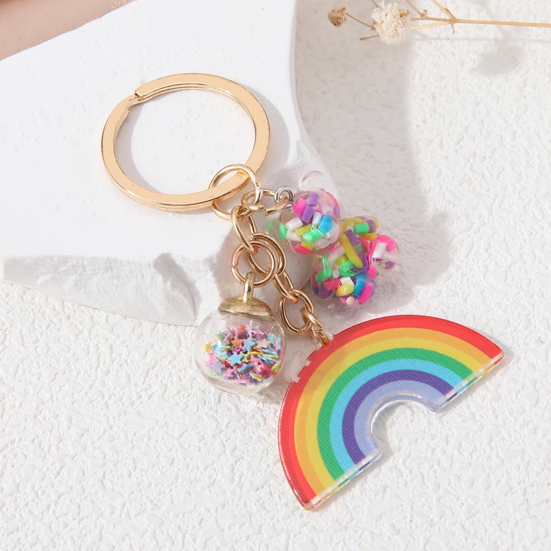 Pretty Rainbow Colorful Glass Ball Bear Key Chains Lovely Animals Star Key Ring For Women Girl Friendship Gift Handmade Jewelry