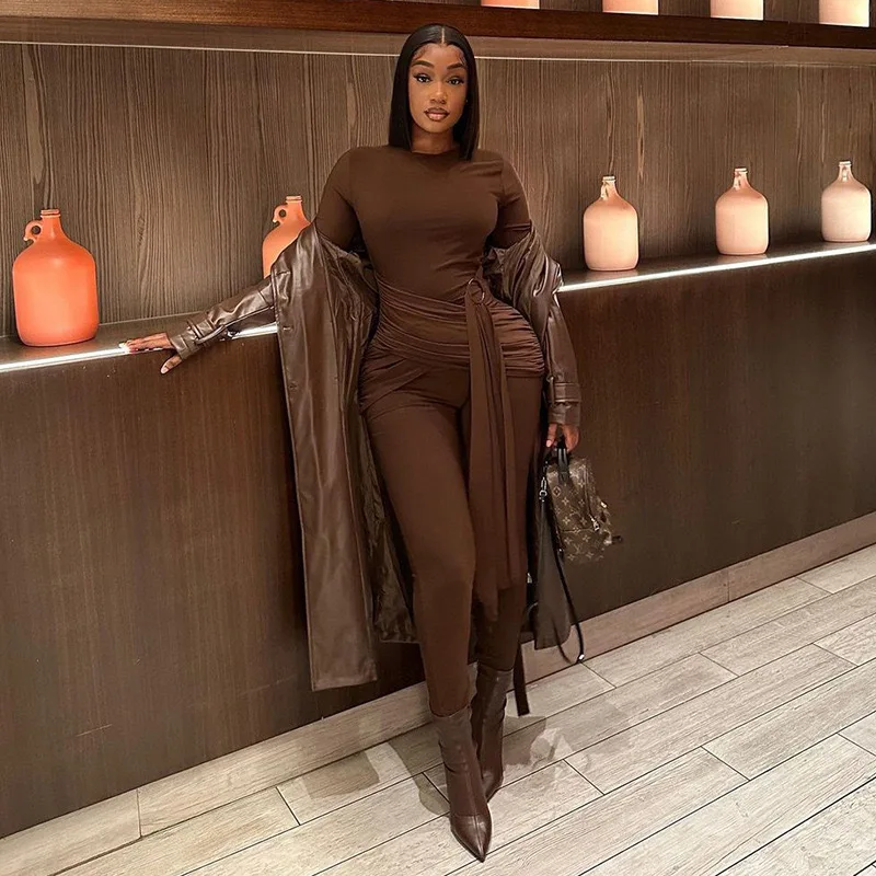 

New European and American style splicing lace-up metal buckle long-sleeved jumpsuit fashion casual tight jumpsuit