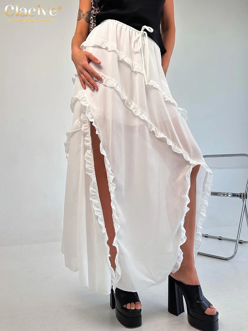 

Clacive Fashion Loose White Women Skirt 2025 Elegant High Waist Slit Ankle Length Skirts Streetwear Ruffle Skirt Female Clothing