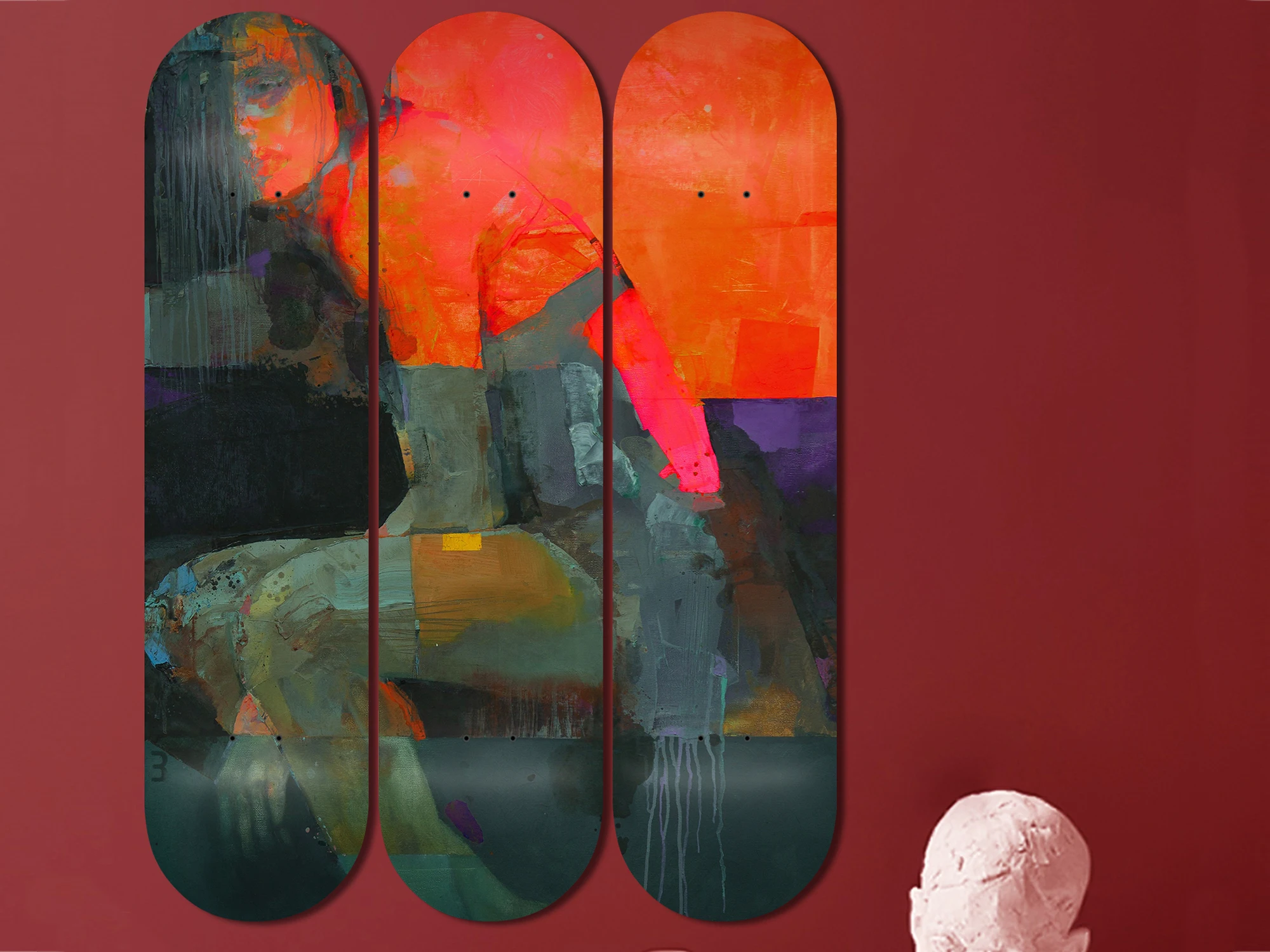 3pcs Abstract Painting Skateboard Wall Mural Pop Art Pro-Grade Skate Deck Wall Plates for Bar Club Game Room Wall Decoration