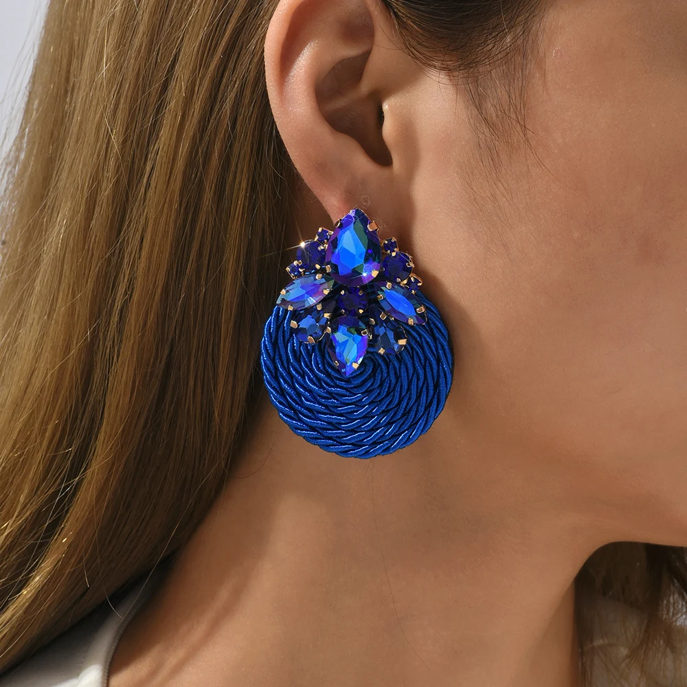 Fashion Cotton Rope Weave Round Luxury Big Stud Earrings Trend Geometric Crystal Vintage Ear Accessories Cottagecore Jewelry