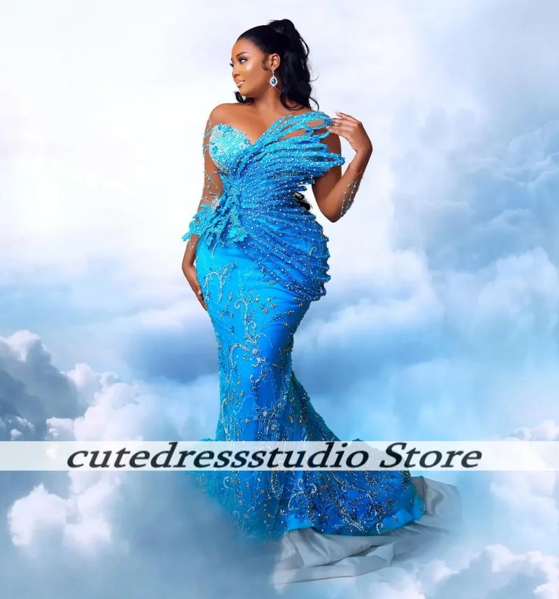 Blauwe Pailletten Kralen Zeemeermin Avondjurken Voor Vrouwen Aso Ebi Lange Crew Prom Jassen Luxe Feestjurk Vestido De Gala Aangepast