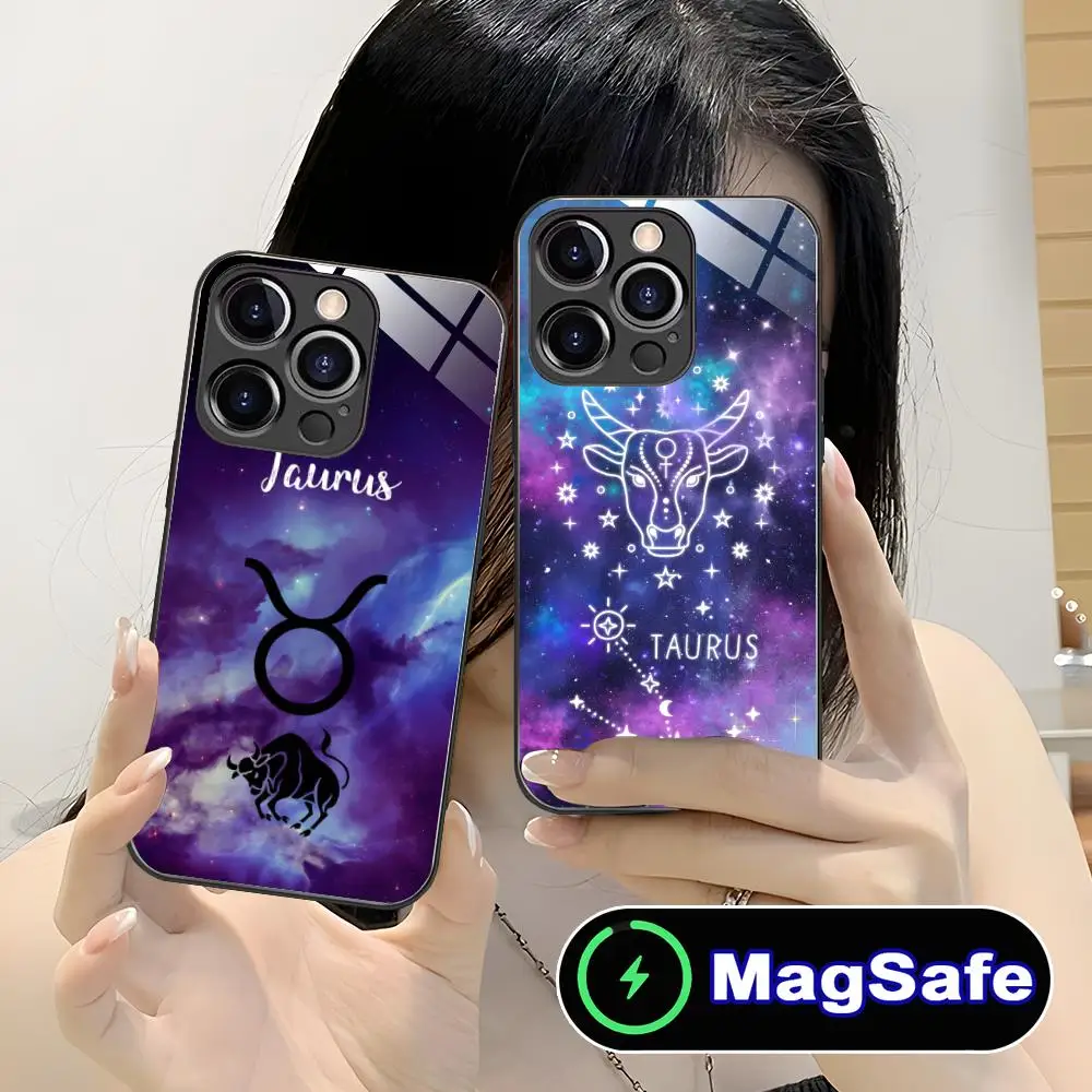 

Чехол для мобильного телефона Zodiac Sign Taurus для iPhone 17, 16, 15, 14, 13, 12, 11 Air Pro Max Plus Mini MagSafe, стеклянный красочный чехол, красивый
