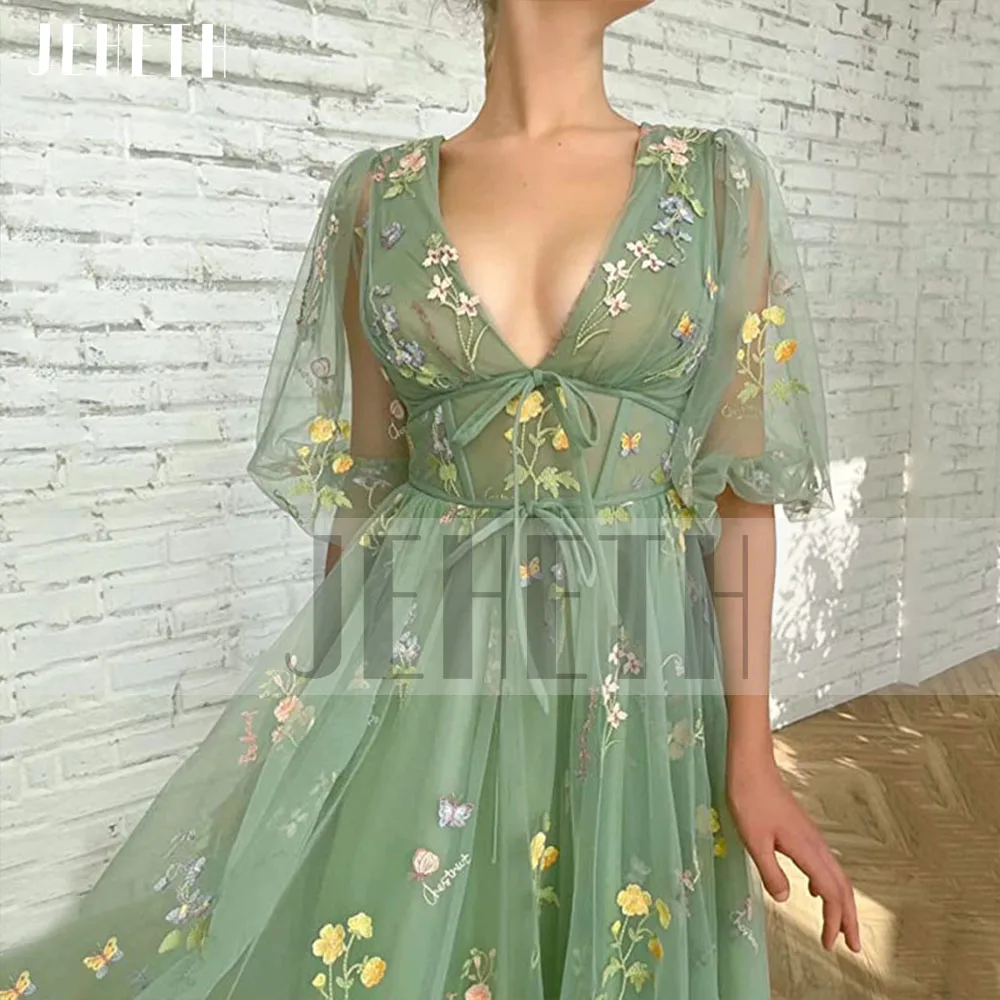 Guitar Hcondamned-Robe de Rhen tulle vert menthe, à lacets, col en V profond, manches mi-bouffantes, ligne A, fleur, sexy, longueur de rinçage