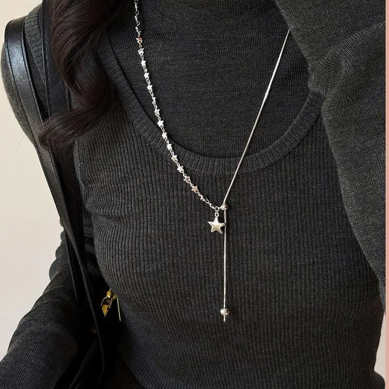 Silver Color Asymmetrical Star Pendant Adjustable Snake Chain Necklace For Women