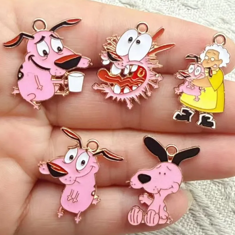 10pcs Cartoon Pink Dog Cute Anime Courage Cowardly Puppy Alloy Pendant Anime DIY Creative Fashion Jewelry Accessories Gift