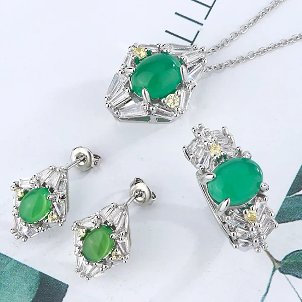 925 Silver Jewelry 3pcs Set Inlaid With Egg Face Emerald Chalcone Earrings Necklace Ring Emerald Agate Set