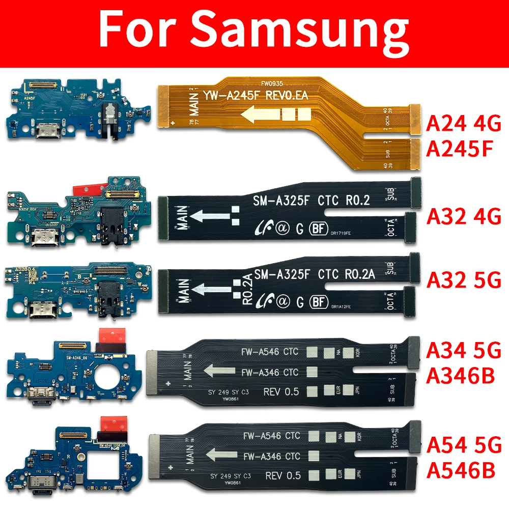 Tested Well Charging USB Port+ Main Board Flex Cable For Samsung A24 A32 4G A34 A54 5G Dock Connector MotherBoard