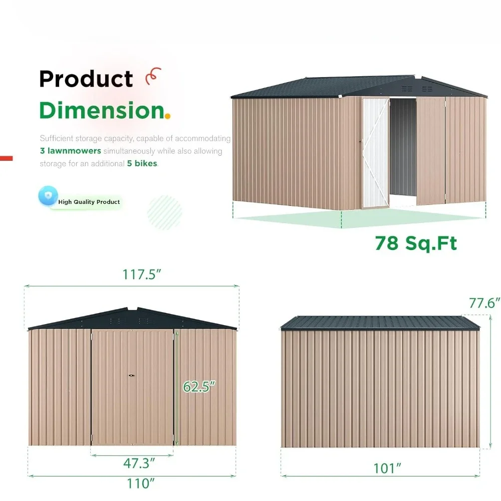 9' X 10' Metal Storage Large Shed with Lockable Doors, Sheds & Outdoor Storage Clearance Sheds, Utility and Tool Storage Shed