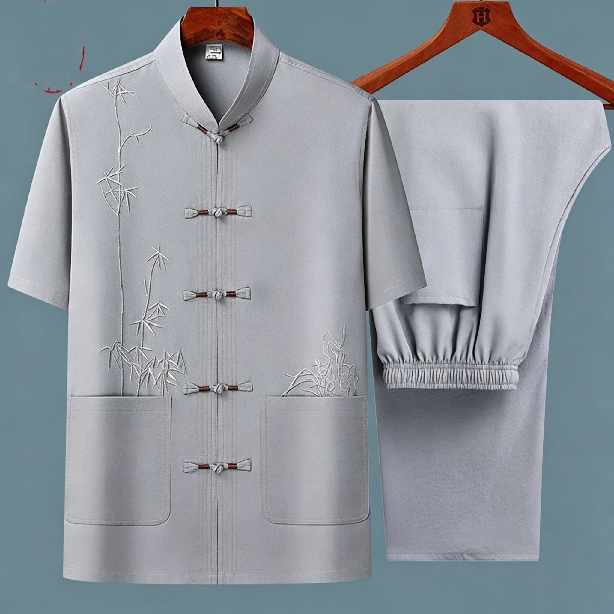 Men's Sets Shirt + Trousers Suit Summer Men's Short-Sleeved Suit New Chinese Hanfu Middle-Aged Taiji Clothing Ethnic Costume Y2K