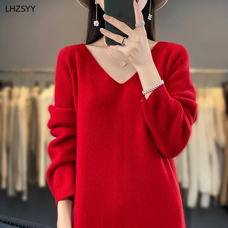 LHZSYY 2023 Autumn Winter New 100%Pure Wool Knit Long Skirt Women\' V-Neck Loose Dress Casual Warm Jumper Cashmere Base Shirt Top