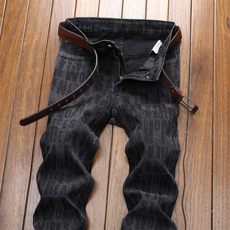 2024Autumn New Personalized Embroidered Jeans Men's Korean Style Fashion Letters Vintage Print All-Matching Skinny Trousers