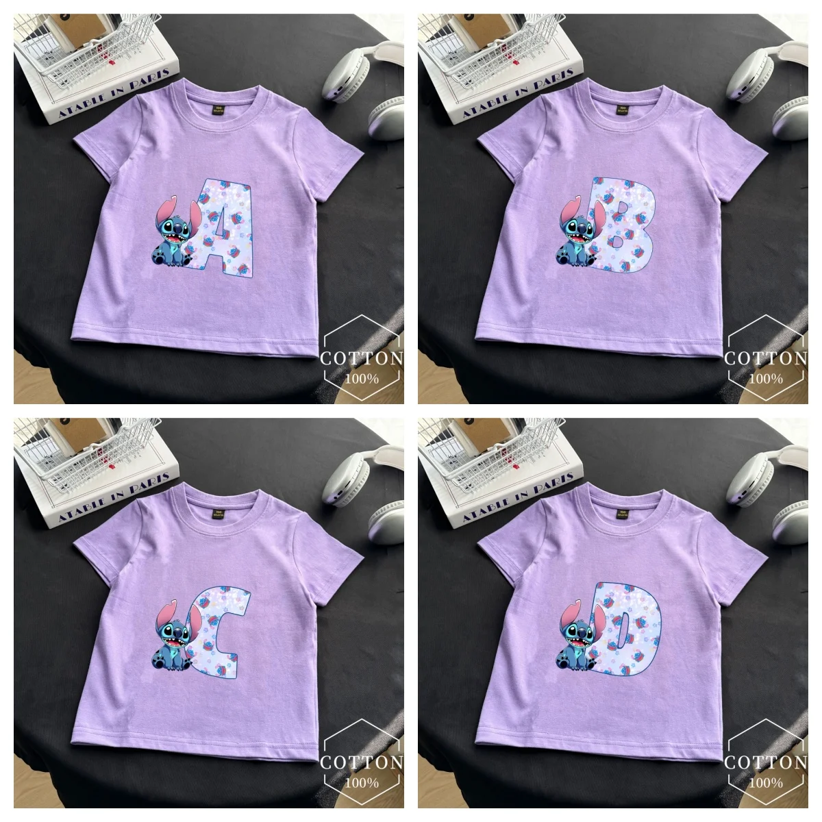 

Stitch Letter A B C D Children cotton T-Shirt Name Combination Shirts Cartoons Kawaii Kid Casual Clothes Girl Boy Harajuku Tops