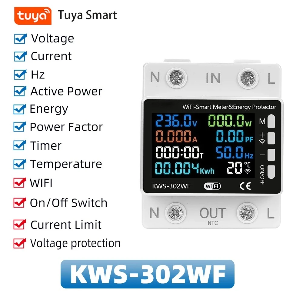 TUYA WiFi Smart Power Meter Over Under Voltage Protection Relay Switch Circuit Breaker Energy KWh Temperature Meter Smart Life