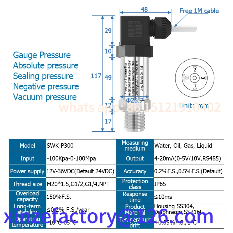 

Be suitable for Transducer 4 20mA Water Gas Oil Liquid Pressure Sensor -1-0-1000bar 24VDC Positive