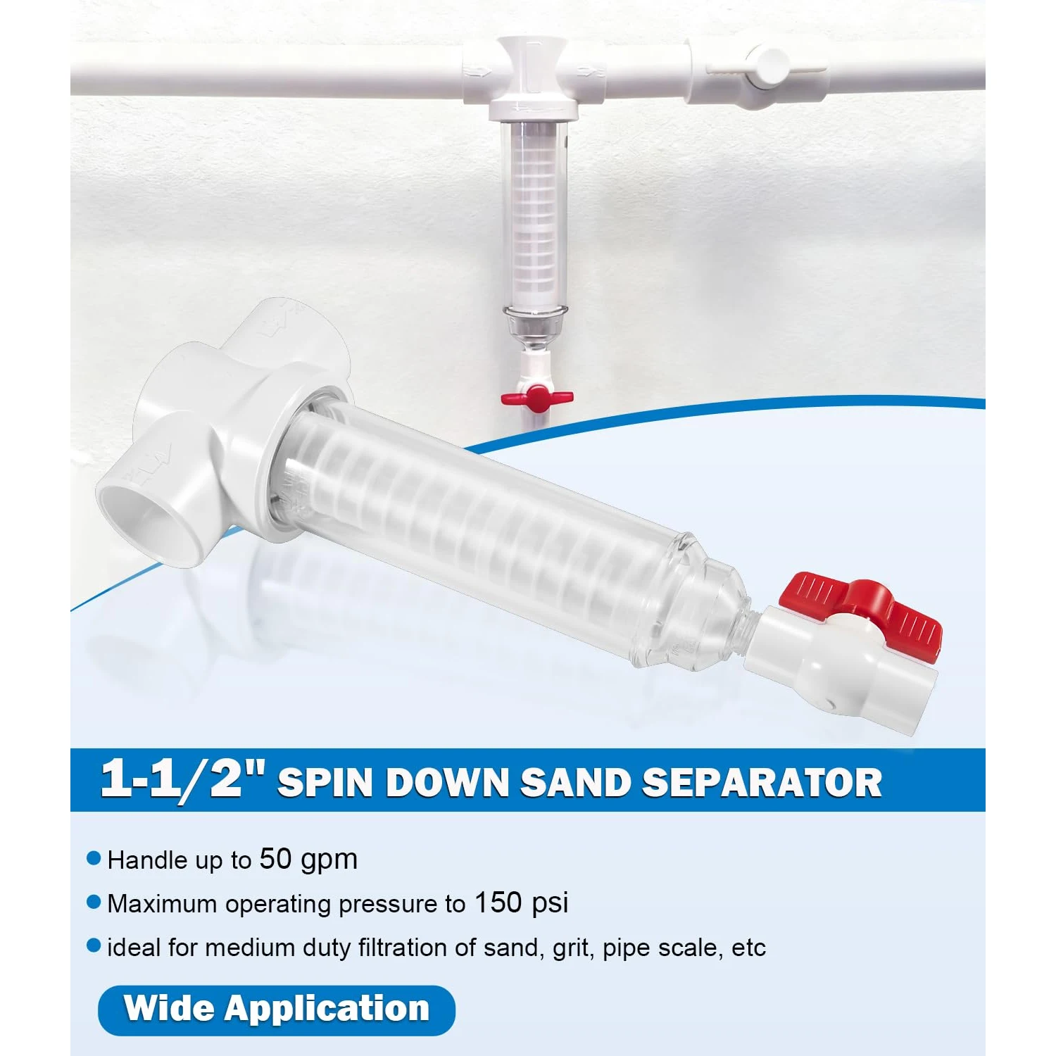 

YMT 1-1/2" Spin Down Sand Separator for 50 Gpm Sediment Water Filter System, PVC Slip Fit Connections, 100 Mesh