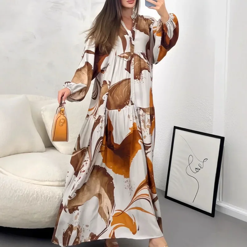 عارضة نمط طباعة فضفاضة مطوي فساتين طويلة امرأة أنيقة الخامس الرقبة زر مكتب قميص اللباس الخريف طويلة الأكمام البوهيمي اللباس