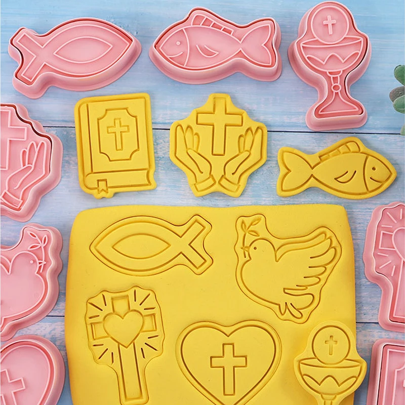 8pc Set First Holy Communion Cartoon Cookie Mold Christian Cross Baby Baptism Cookie Embosser Mold Fondant Cake Decorating Tools