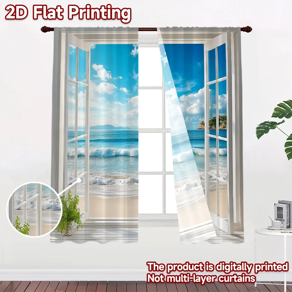 2D flat 2pcs Curtain Retro Country Style Open Beach View Digitally printed polyester, colorfast Family Party Decoration Perfect