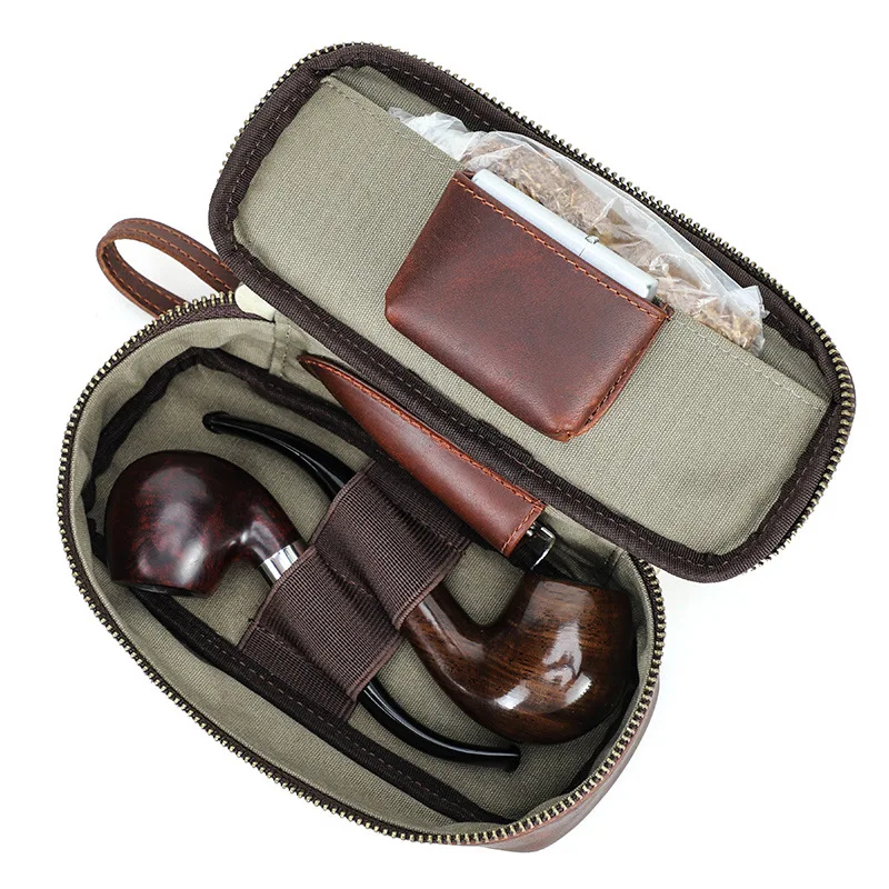 Coffee colored cowhide pipe and tobacco storage box set, portable zippered portable pipe bag for travel