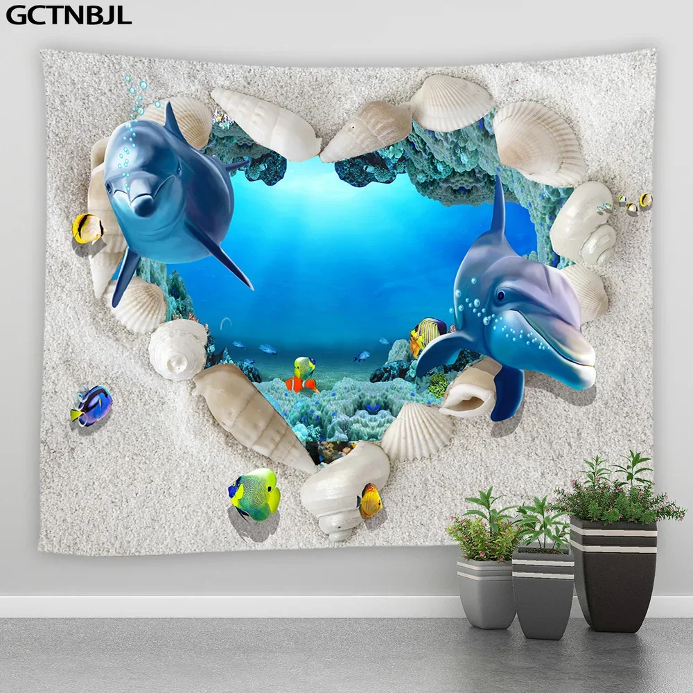 Dolphin Tapestry Underwater World Landscape Kids Bedroom Living Room Party Background Wall Hanging Hippie Ocean Decor Tapestries