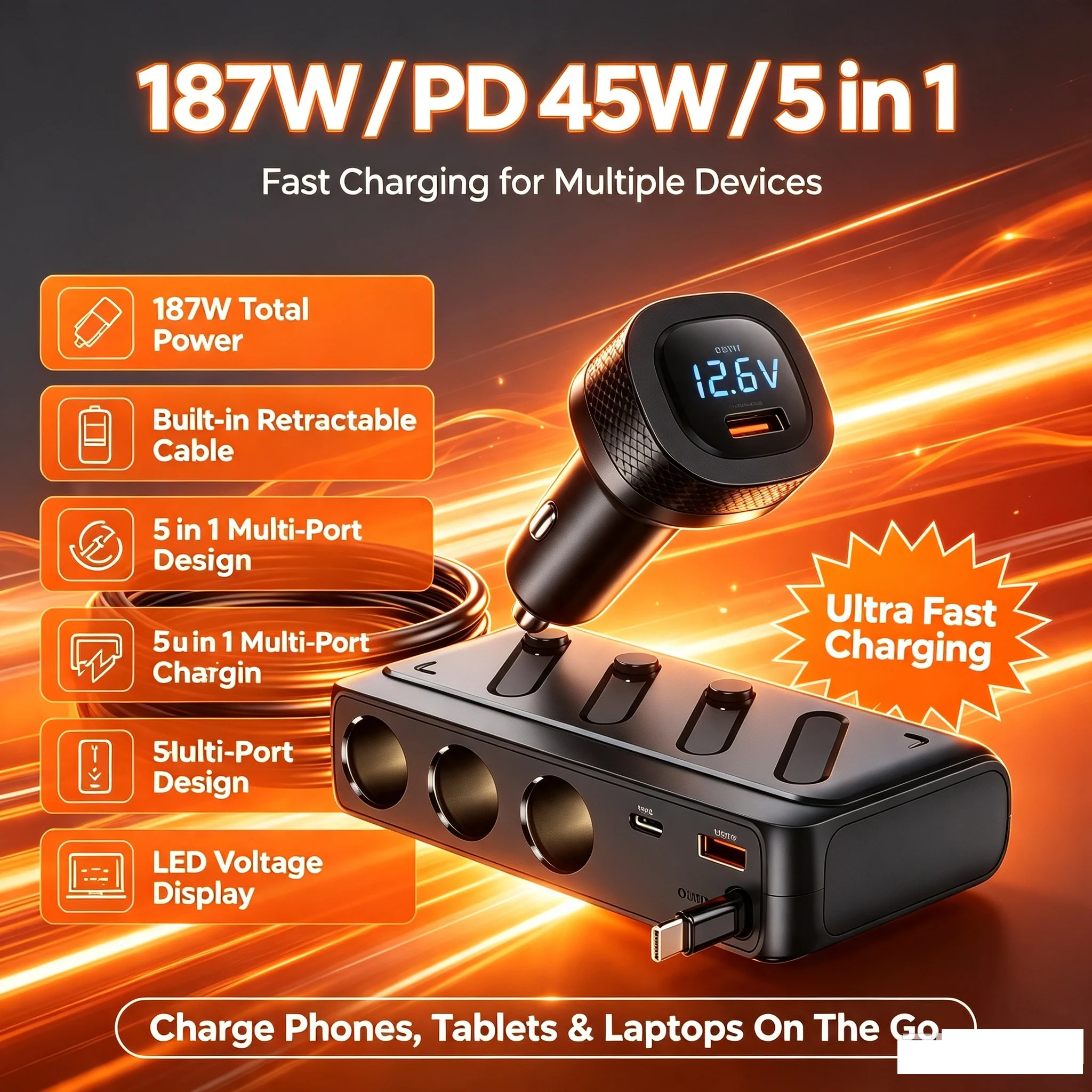 Expansion Cable Car Charger Fast Charging Plug 187W 9-in-1 Cigarette Lighter PD45 Fast Charging with Digital Display Car Charger