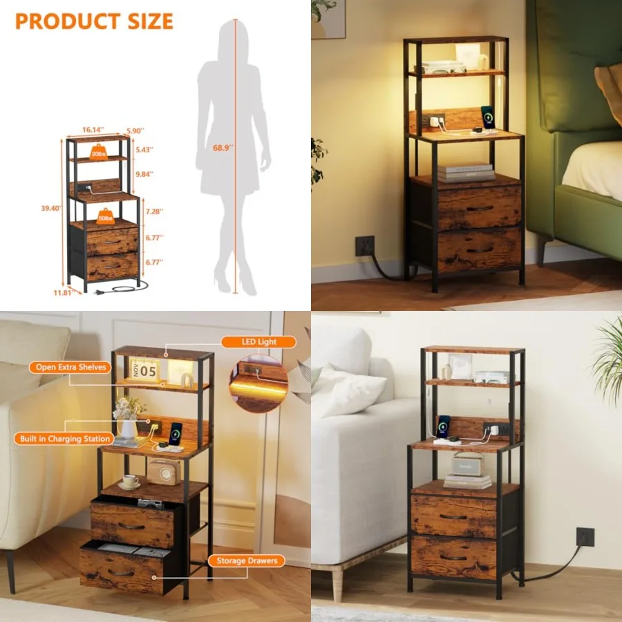 Furnulem Night Stand, Tall Nightstand with 4-Tier Shelves, Fabric s and LED Lights, Bed Side Tables with Charging Station, Beds