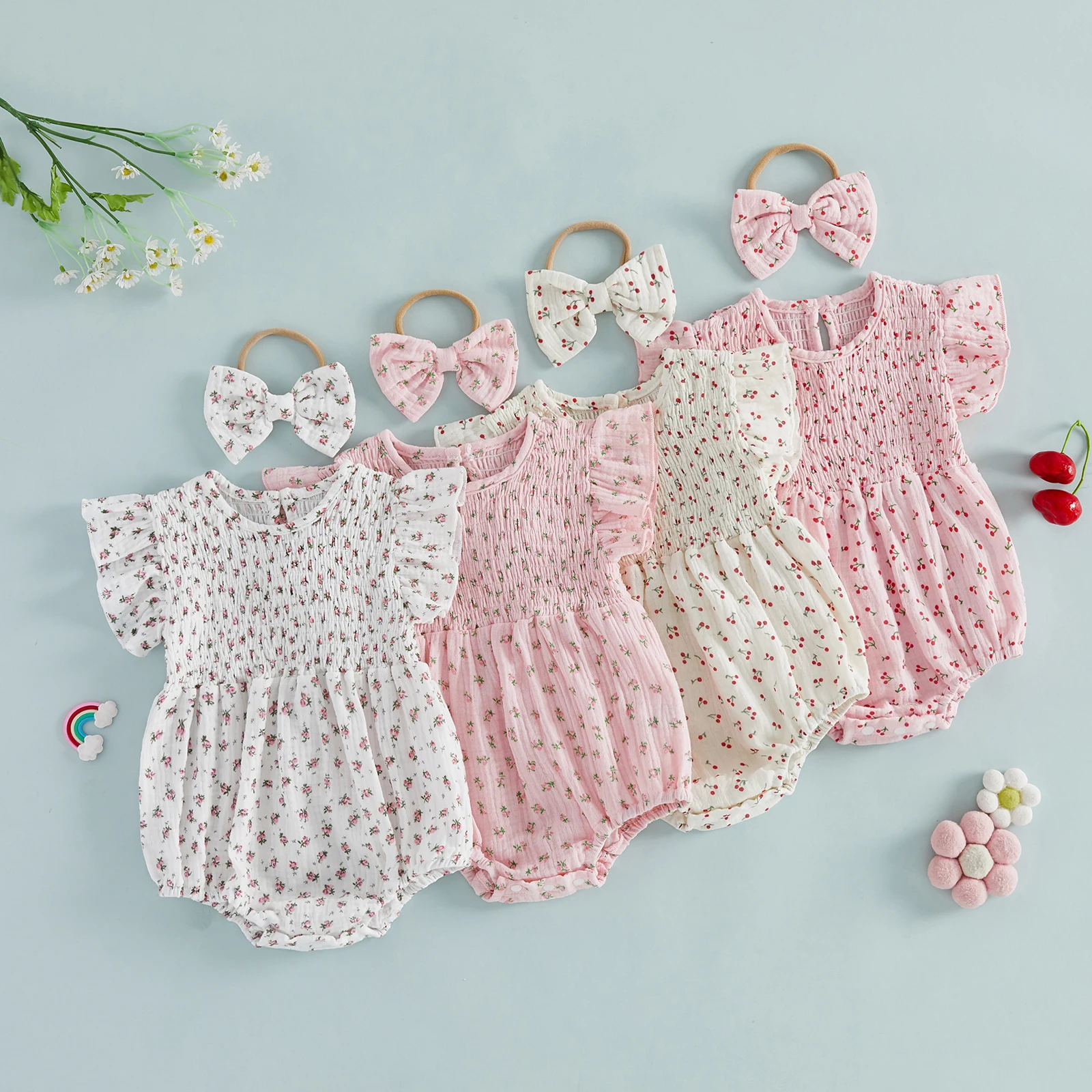 Baby Girl Summer Bodysuits Outfits Floral Print Smocked Crew Neck Flying Sleeve Romper and Bow Headband 2 Pcs Set