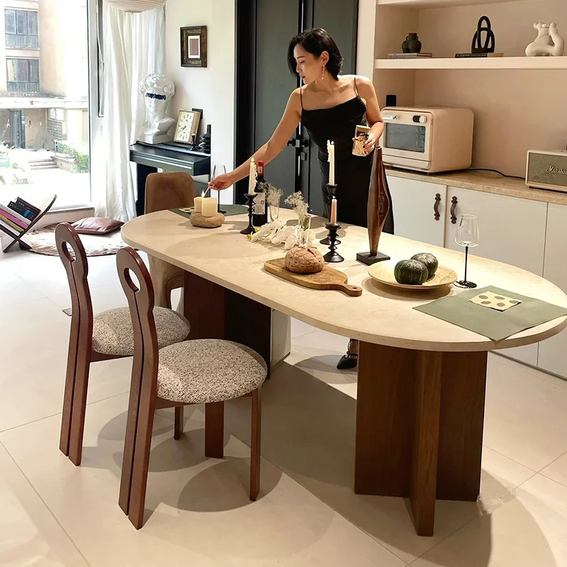 Retro travertine coffee table restaurant dining table solid wood surprise quiet wind Nordic saving retro solid wood dining table