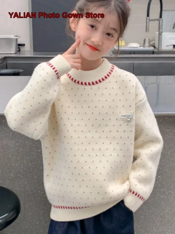 Girls Knit Top Autumn Winter Solid Color Warm Fleece Lined Thickened Base Layer Top for Older Kids