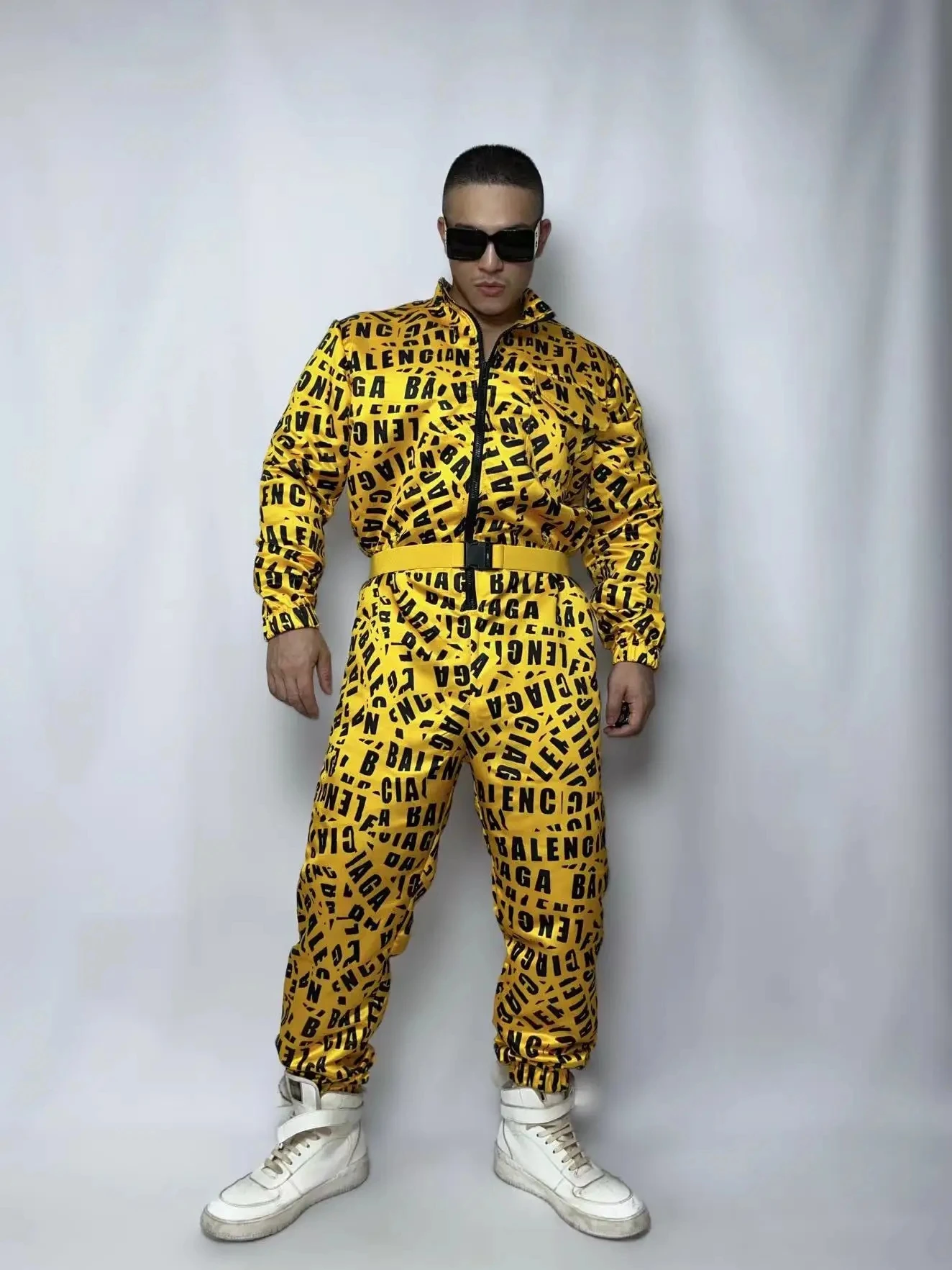 Yellow Letter Pattern Print Zipper Long Sleeve Jumpsuit Overalls+Belt Hip Hop Jazz Dance Singer Bar Nightclub Show Stage Costume