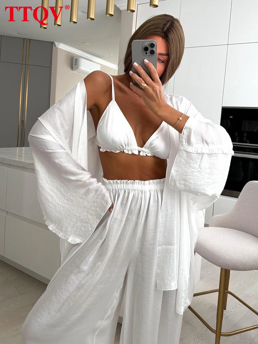 

TTQV Sexy Loose White 3 Piece Sets Women Outfit 2024 Fashion Long Sleeve Robes + Bra With High Waist Wide Pants Set Homewear