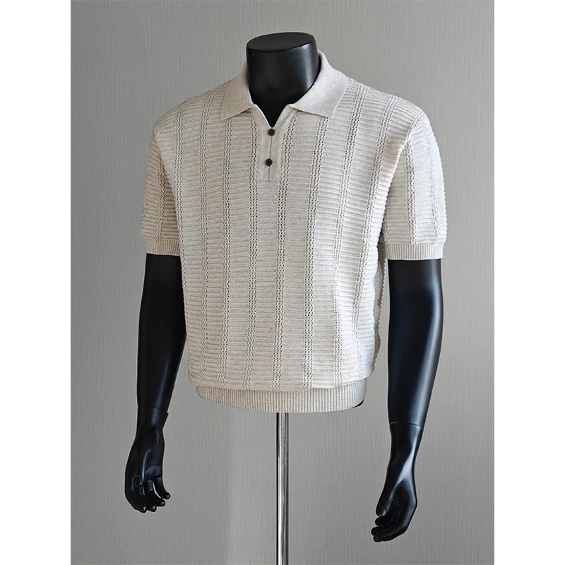 

Summer Ice Silk Hollow Knitted Polo Shirt Men Lapel Short Sleeve Casual T-shirt Versatile Elastic Business Social Office Tee Top