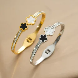 Stainless Steel Fashion Shell Flower Bangles for Women Trendy Shiny Zircon Can Open Bracelets Hand Accessories Gifts for Friends