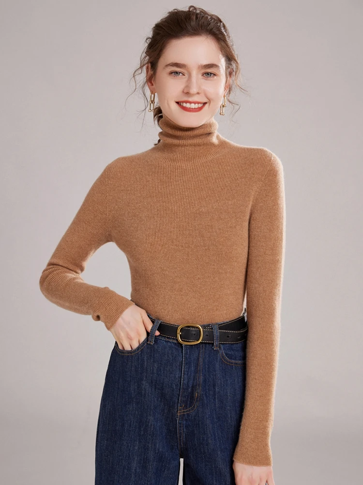 

Women New 100% Cashmere Pullover Sweater Autumn Winter Turtleneck Pile Collar Soild Fit Soft Comfort Knit Basic Long Sleeve Tops