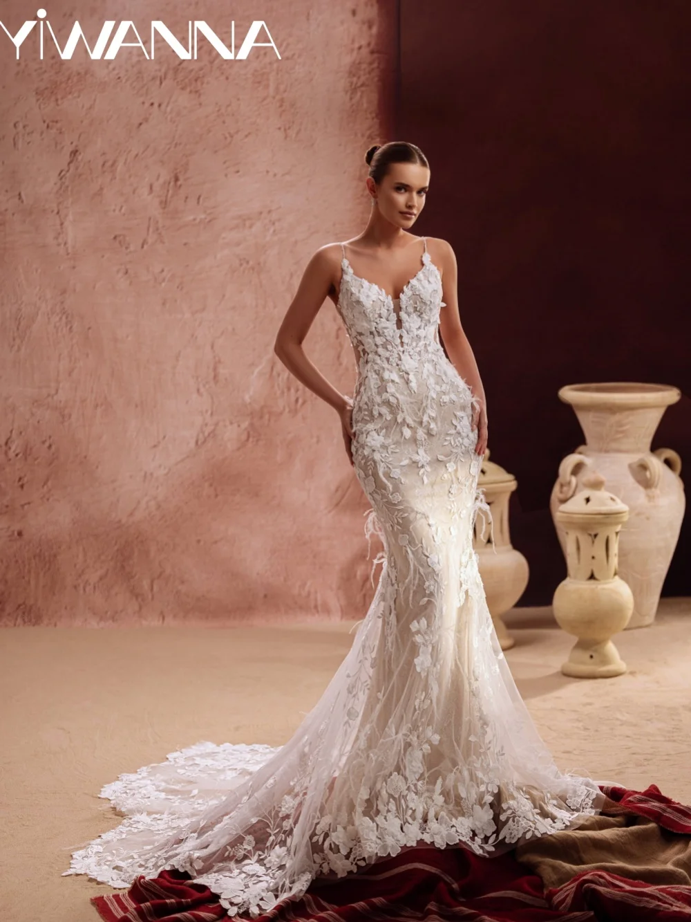 Charming Lace Appliques Wedding Dress With Cape Luxury Feathers Mermaid Long Bridal Gown Customized 3D Floral Dresses For Bride