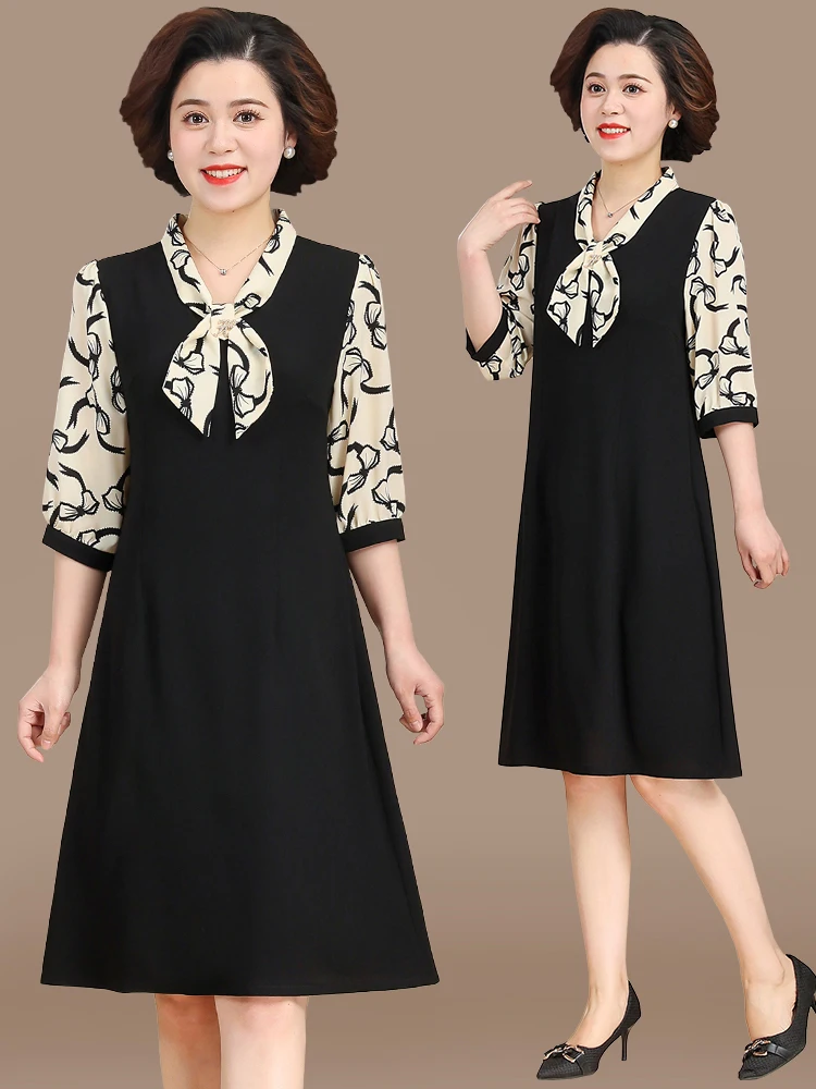 

Sli Midlife Mom Summer Dr ort Sve Women's Faionable Classy Korean Sle Polyester Fiber Loose Fit round Ne