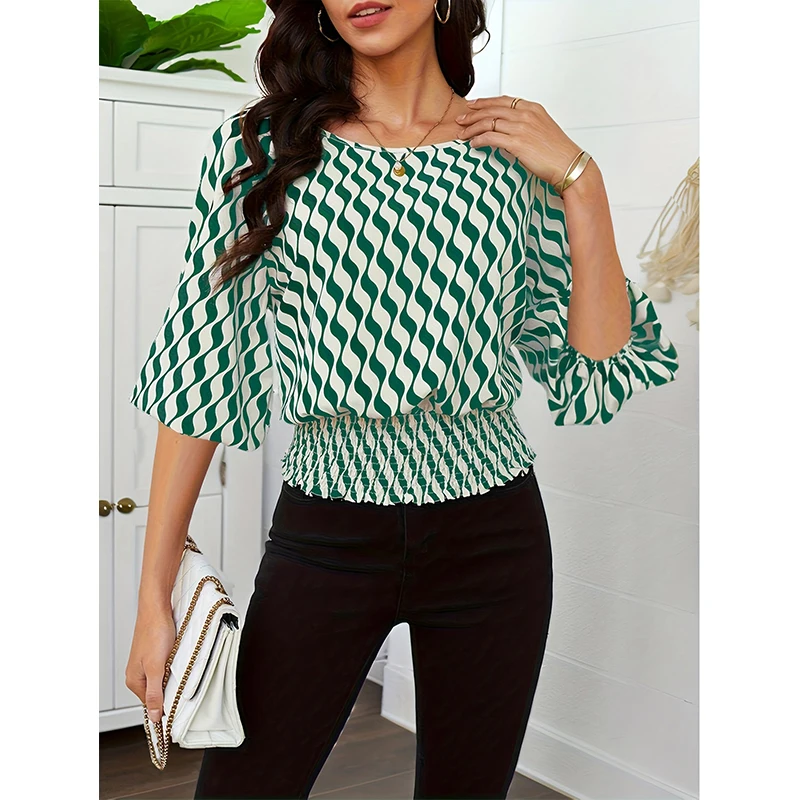 Camisa de gasa de manga de siete puntos para mujer, top con estampado de cuello redondo, vestido de viaje noble informal transpirable, dulce y fresco