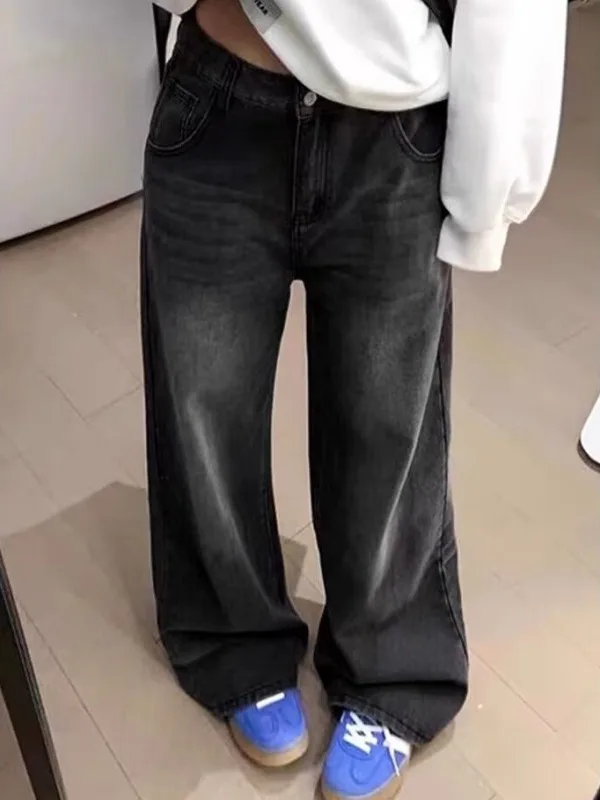 High Waist Wide Leg Straight Cut Jeans for Women in Grey Black Fall New Style Loose plus Size Slimming for Pear Shaped Body