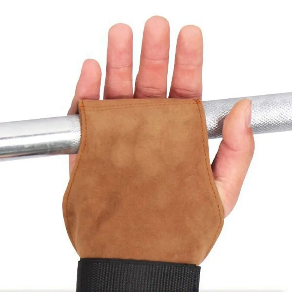 Double Layer PU Leather Gloves Wrist Strap Anti-Skid Gym Training Gloves Grip Pads Cowhide Palm Deadlift Gloves